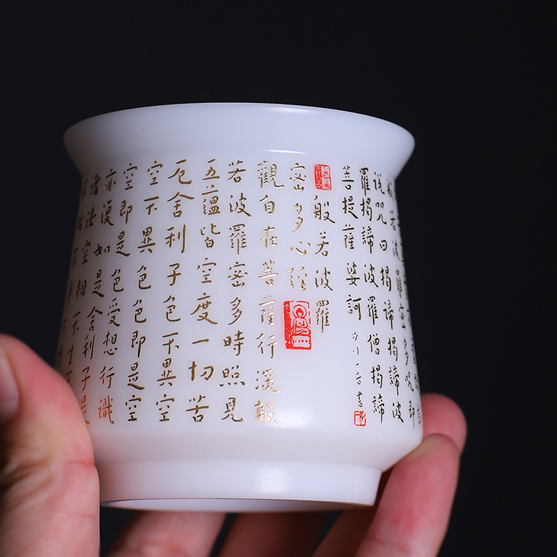 Cốc kinh tim bằng sứ ngọc bích nấu chay Đức Hoa cốc trà Trung Quốc cốc chủ nhân lớn 150ml cốc trà gốm sứ quà tặng