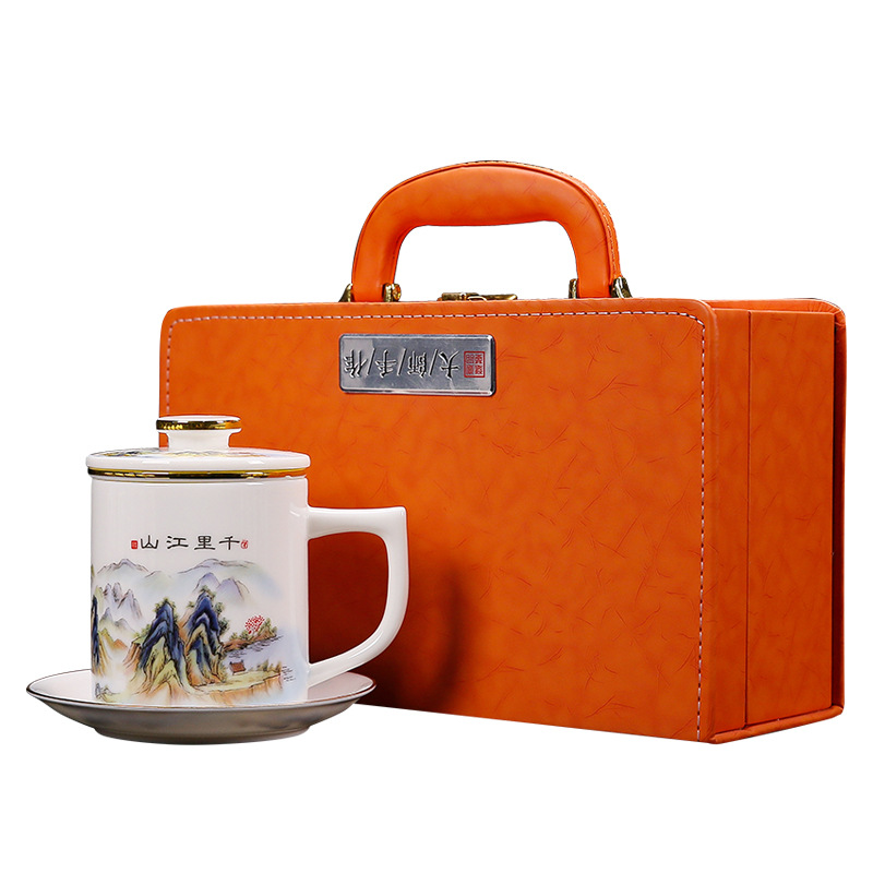 Cốc trà gốm sứ ngọc bích mỡ cừu Hàng Ngàn Dặm Giang Sơn Cốc văn phòng có nắp đế cốc Đức Hoa sứ trắng cốc nước văn phòng