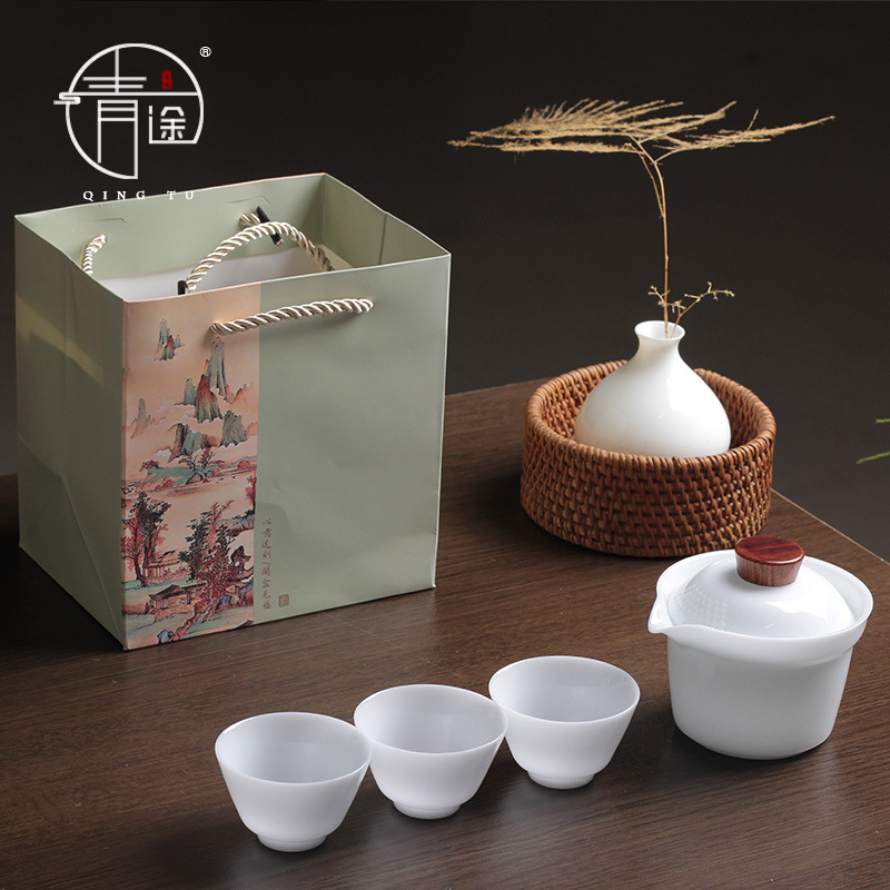 Bộ du lịch một nồi ba cốc ngoài trời di động Bộ cốc trà Kung Fu với cốc sứ đá quý nhanh.