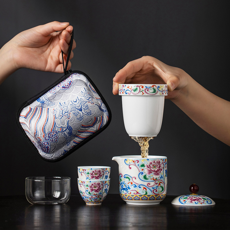 Bộ trà du lịch gốm sứ tráng men Bộ trà ngoài trời uống một người xách tay cốc khách nhanh một bình hai cốc pha trà