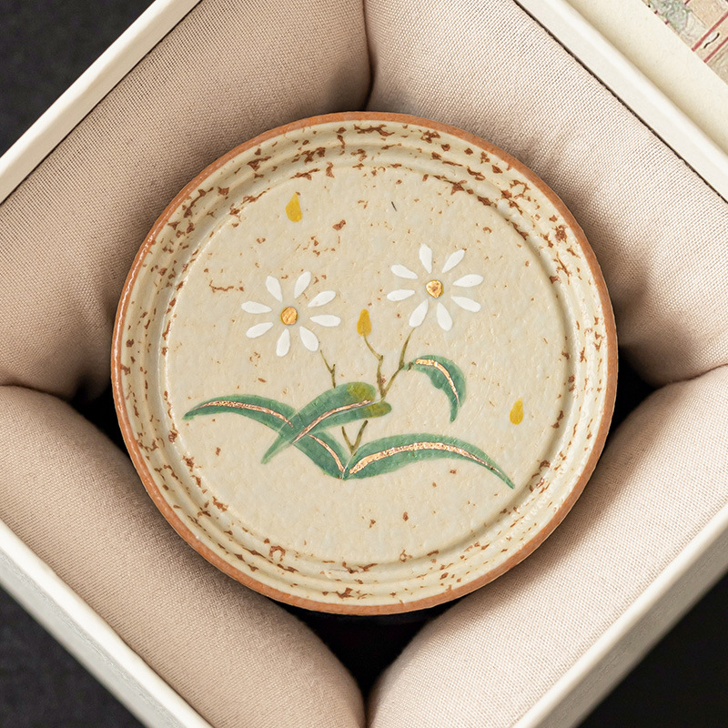 Ấm trà đỏ đá lửa trắng xanh có nắp đậy ấm trà màu vàng vẽ tay hoa cúc nhỏ có nắp đậy phụ kiện trà đạo gia dụng đế lót ly trà giá đỡ