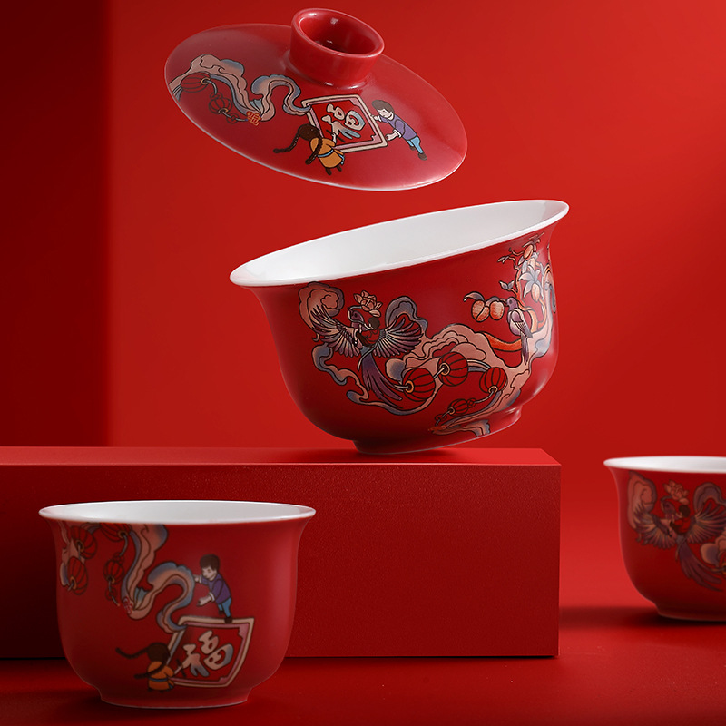 Bộ ấm trà chim xanh ban phước quốc triều đỏ gốm sứ lễ hội pha trà nắp cốc trà công ty quà tặng sự kiện họp thường niên