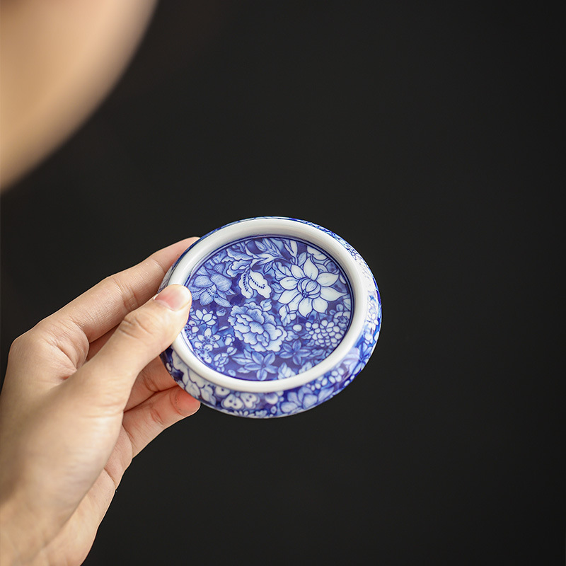 Bộ ấm trà sứ trắng xanh có nắp hoa, giá đỡ bình gốm cổ, giá đỡ nắp tròn, đế lót ly trà, bộ ấm trà, phụ kiện trà đạo