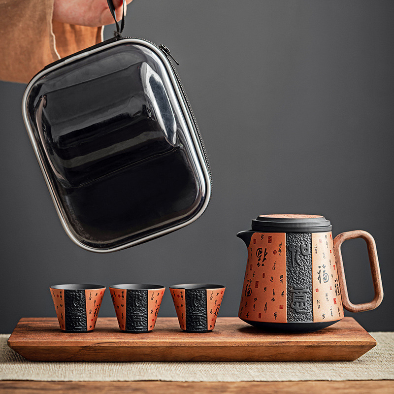 Bán buôn bộ ấm trà du lịch di động thủy tinh bộ cốc nhanh Cốc du lịch ngoài trời ấm trà di động cốc trà một ấm Ba cốc