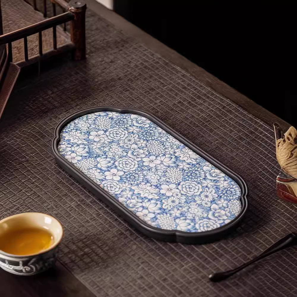 Khay trà kiểu Trung Quốc cổ điển Bộ trà Kungfu phòng khách khay trà gốm sứ xanh trắng lót ấm trà Thiền bàn pha trà khô Cỡ Nhỏ