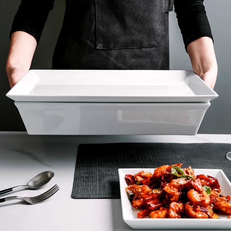 Bộ bát đĩa sứ cao cấp kiểu Âu, gồm đĩa hình chữ nhật sáng tạo, đĩa sâu lớn, đĩa nông, dùng cho nhà hàng khách sạn cao cấp.