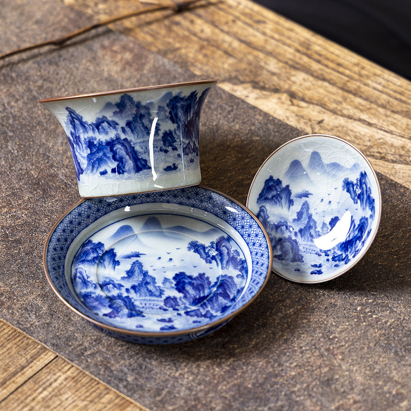 Jingdezhen Blue and Blue and Blue Mountain Range Rover Horseshoe Sancai Bát trà Cốc trà Bát trà Kung Fu cao cấp Bộ trà