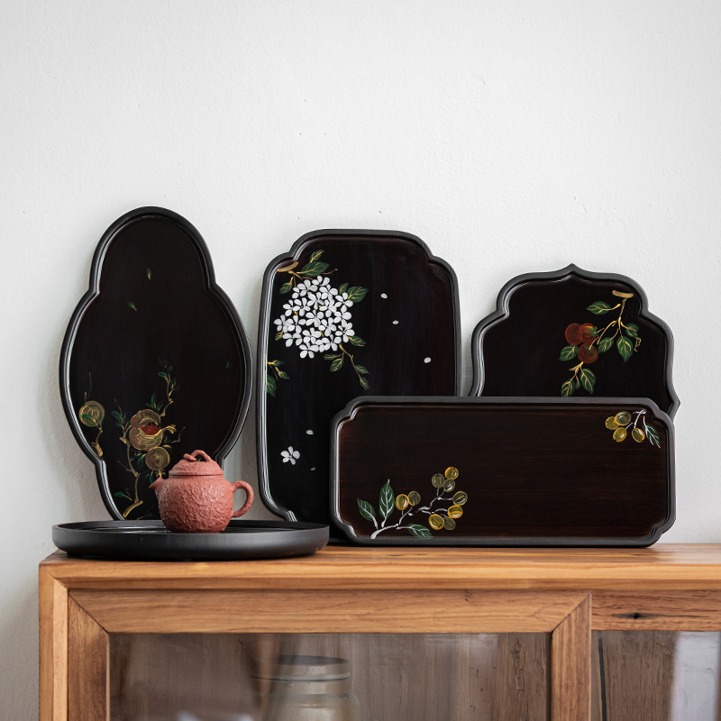 Bàn làm bằng tay vẽ tranh Trung Quốc ấm bàn pha khô khay tre cổ điển kiểu Trung Quốc nhỏ khay tròn Bộ trà Kung Fu khay trà nhỏ