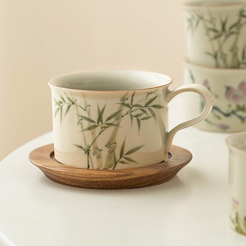 Cốc cà phê bằng tre vẽ tay Cốc gốm sứ tinh tế Cốc trà chiều kiểu Trung Quốc mới Cốc nước Cốc latte văn phòng gia dụng