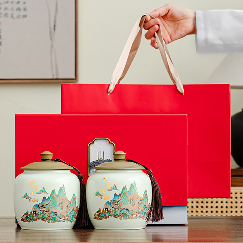 Hộp đựng trà gốm sứ Qianlijiangshan, hộp đựng đồ dung tích lớn, hộp đựng trà tiết kiệm chống ẩm, hộp quà tặng đôi, quà tặng doanh nghiệp