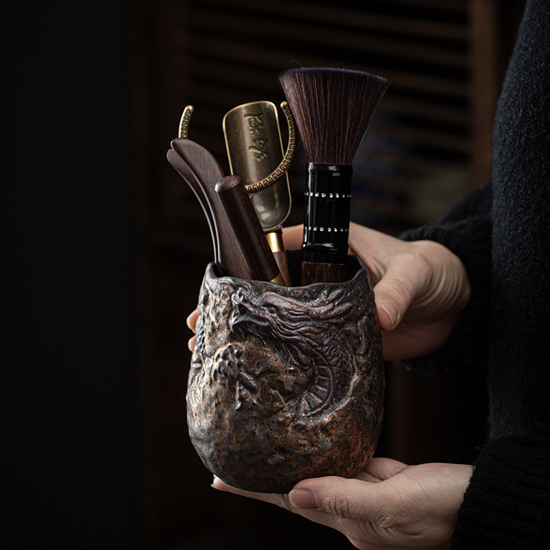 Trà đạo mạ vàng phong cách Nhật Bản sáu quý ông gỗ Đàn hương đen bút đựng trà kẹp trà Bộ dụng cụ trà đạo Kung Fu bằng gốm