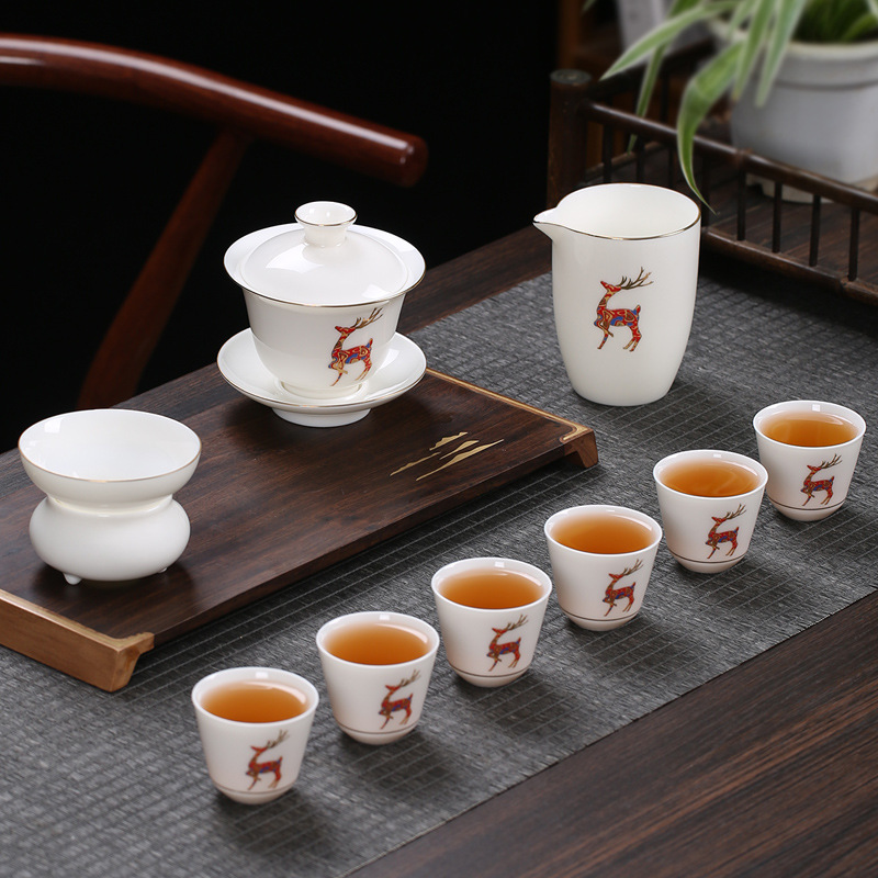 Bộ ấm trà Kung Fu bằng sứ ngọc cừu Bộ chén trà có nắp Gốm sứ gia dụng trọn bộ logo quà tặng doanh nghiệp trung thu