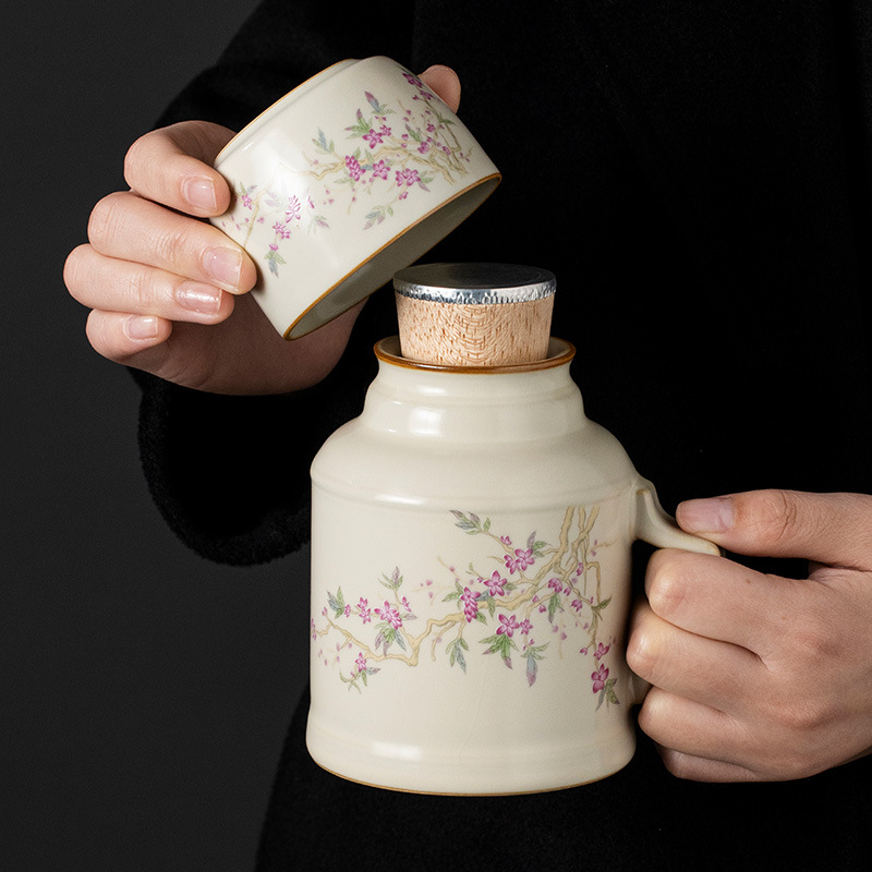 Ấm đun nhỏ bằng bột cành đào Ru Kiln Ấm đun nhỏ bằng gốm pha trà gia dụng ấm đun trà kiểu Trung Quốc có tách trà