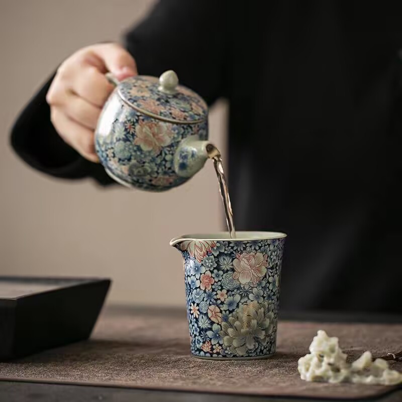 Cốc công cộng Ruyao Wanhua Bộ trà Kung Fu tay cầm bằng sứ Bộ trà đơn chống bỏng Bộ tách trà gia dụng văn phòng cốc đều