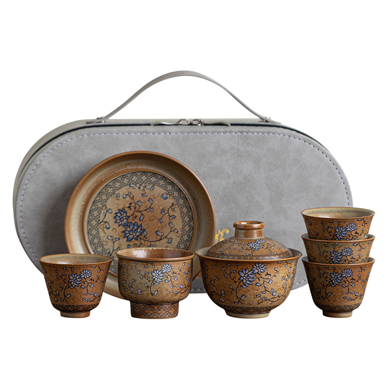 Bộ trà du lịch hoa sen xanh và trắng Bộ trà Kung Fu gốm cắm trại di động Một ấm ba cốc