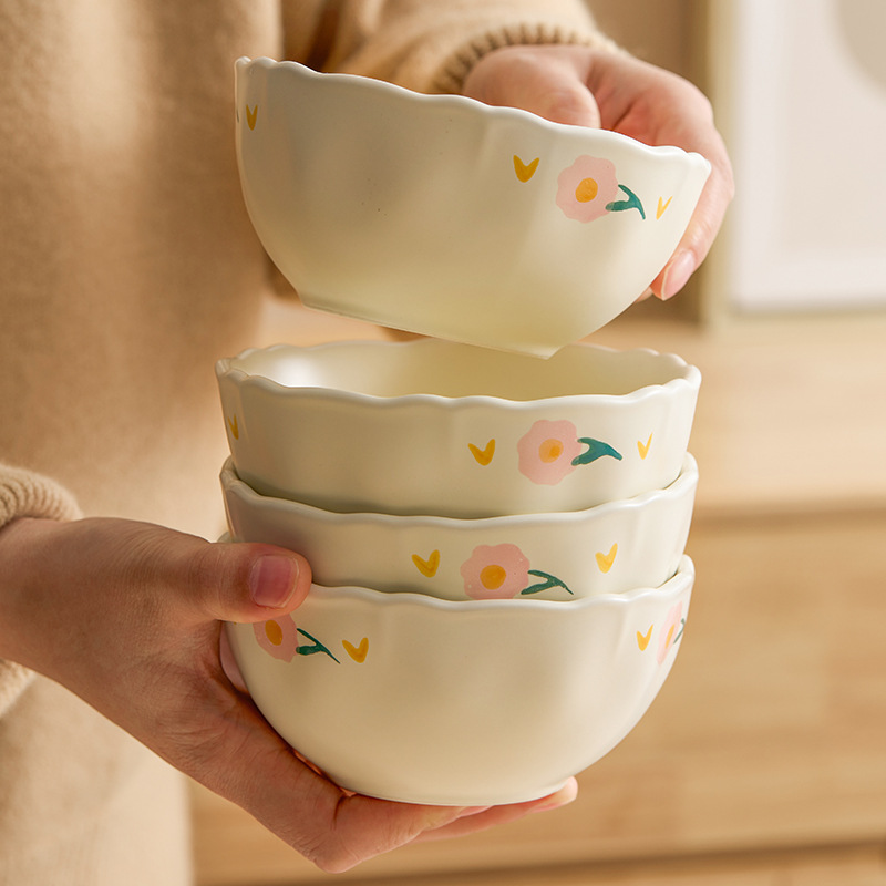 Bát gốm sứ viền hoa mẫu đơn bát cơm bát canh hai tai bát sữa chua ăn sáng gia dụng bát salad giá trị cao