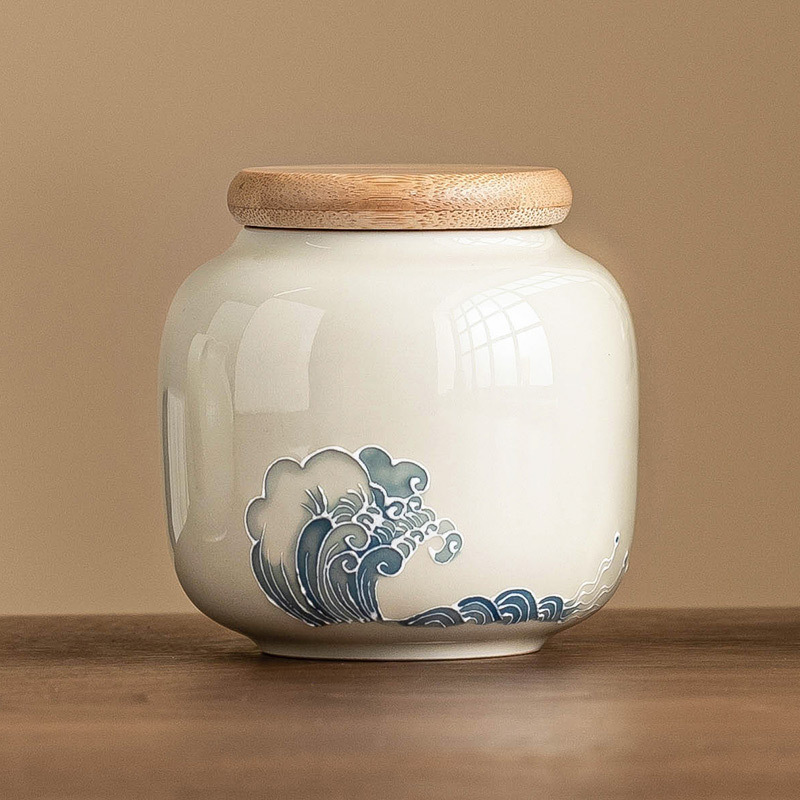 Tọc vẽ tay, bình trà sóng chạm khắc, bình kín, bình đựng trà xanh trà Pu'er gia dụng gốm sứ, bình đựng trà