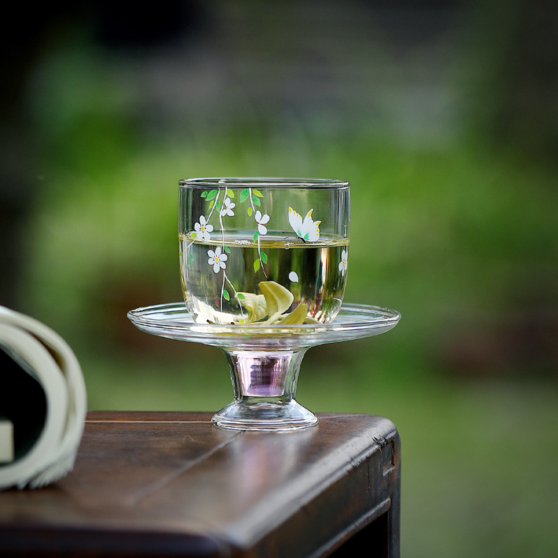 Tách trà cao bằng thủy tinh chịu nhiệt hoa tươi cho trà xanh, bộ trà đặc sản, cốc nếm trà, bát trà, cốc chủ có giá đỡ cốc.