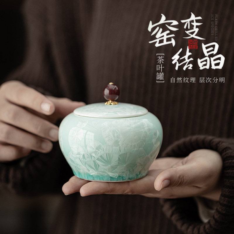 Bình đựng trà bụng tròn màu xanh lục tinh thể đá, bình gốm, bình đựng trà gia dụng, bình đựng đồ, phụ kiện bộ trà, bình đựng đồ