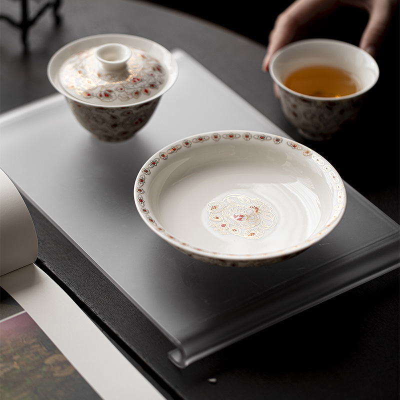 Shengtang Yeyan Bát sứ trắng Đĩa gốm Phụ kiện trà đạo Chậu sai vàng bạc Khay pha khô Chén dưa và đĩa giải khát trái cây