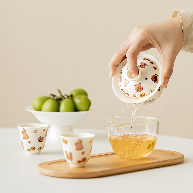 Kapibara gốm sứ du lịch nhanh cốc du lịch cắm trại di động ngoài trời bộ trà một bát bốn cốc có khay trà