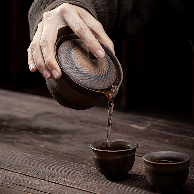 Bình cầm tay Hanbo mạ vàng kiểu Nhật, Bộ trà gốm sứ Kung Fu, bình trà, bát một nắp, dụng cụ pha trà gốm thô cổ điển gia dụng