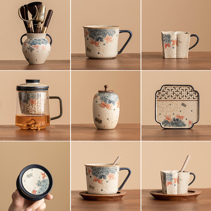 Bộ trà sản phẩm duy nhất Ấm trà hoa cẩm tú cầu màu xanh và trắng bằng đá lửa đỏ có nắp bát cốc công bằng cốc cốc chủ sở hữu cốc cốc lót ly