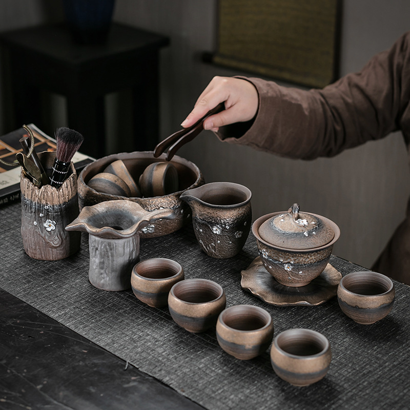 Bộ trà gốm thô mạ vàng kiểu Nhật Bộ trà Kung Fu nguyên bộ gốm sứ gia dụng văn phòng đơn giản có nắp ấm chén