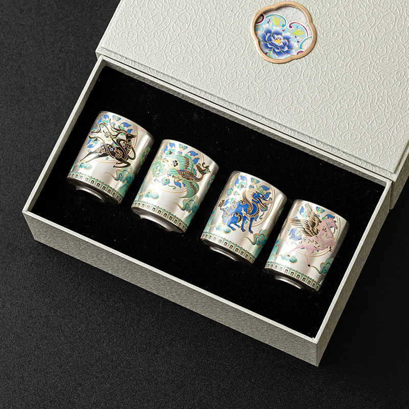 Hộp quà bộ trà Kung Fu mạ bạc 999 cốc thẳng bốn cốc trà cao cấp sang trọng cốc uống trà gia dụng