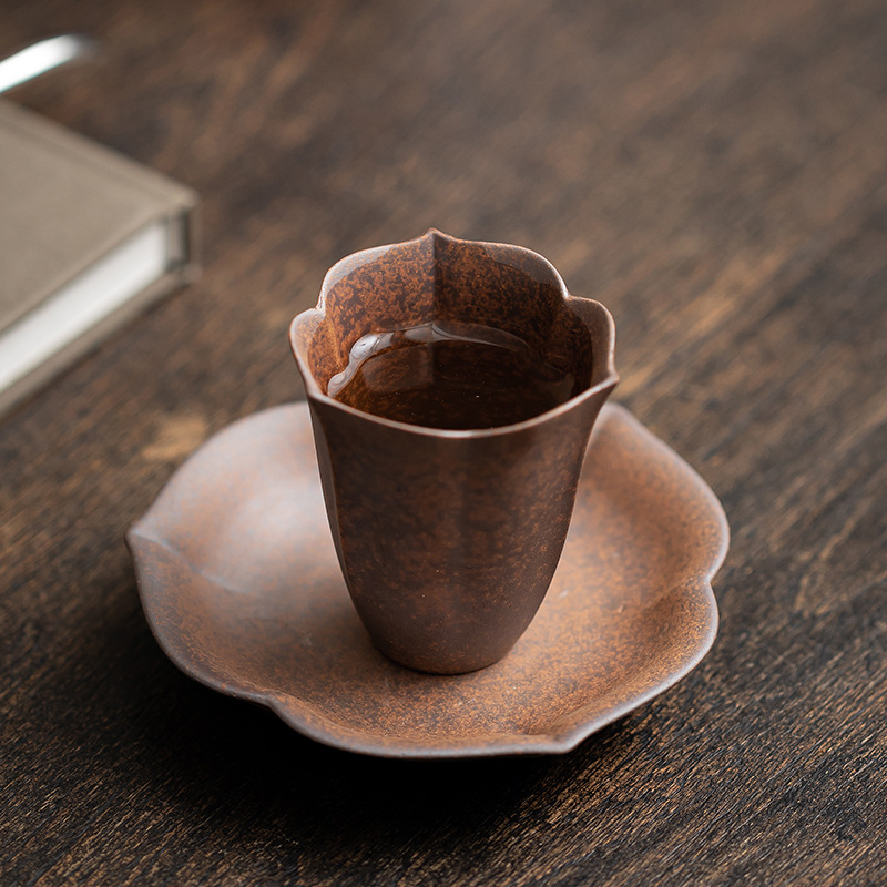 Lót cốc cánh hoa gốm thô bùn đá cũ, khay đựng cốc đựng trà gia dụng cổ điển, đệm cách nhiệt cỡ nhỏ, phụ kiện bộ trà Kung Fu