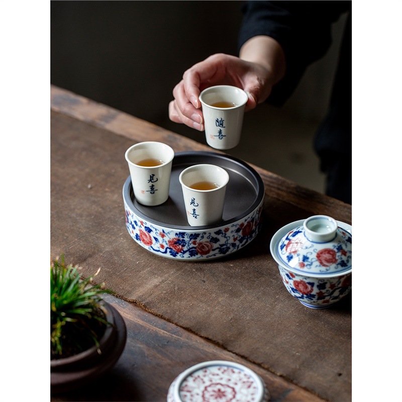 Bát có nắp sứ trắng xanh đựng ấm pha gốm sứ gia dụng cổ điển bát trà tam tài dụng cụ trà bàn trà nhỏ khay pha khô trữ nước
