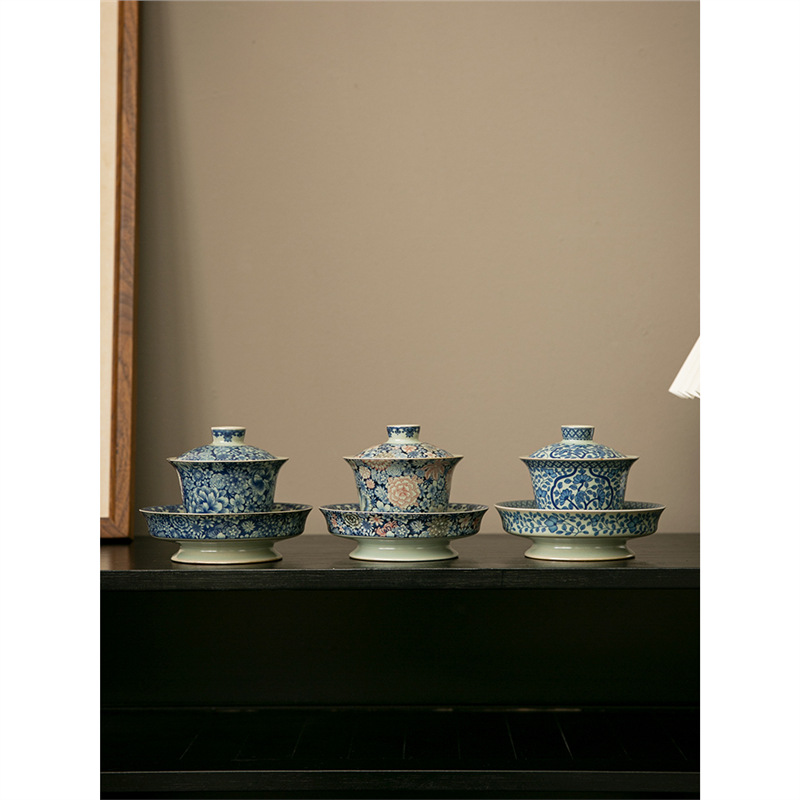 Bát trà cốc trà cốc tráng men màu xanh lam bát trà cao cấp có nắp Bộ trà Kung Fu cỡ lớn gia dụng