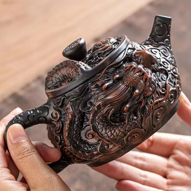 Ấm trà thủ công ấm trà đất sét tím nguyên chất đầy chạm khắc rồng tốt lành dụng cụ pha trà Kung Fu dung tích lớn ấm trà cao cấp chạm khắc ba chiều