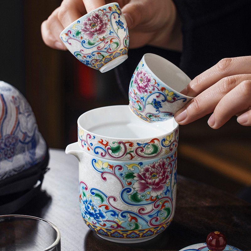 Bộ trà du lịch gốm sứ tráng men Bộ trà ngoài trời uống một người xách tay cốc khách nhanh một bình hai cốc pha trà