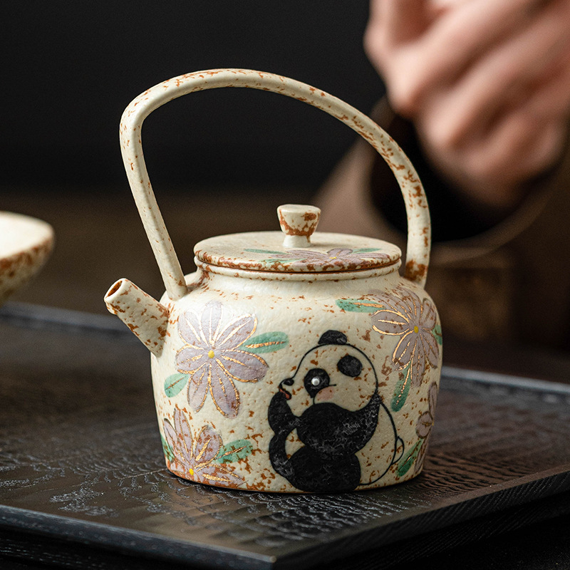 Ấm trà hoa cúc vẽ tay gấu trúc vẽ tay màu đỏ đá lửa màu xanh và trắng ấm trà đơn lọc dụng cụ pha trà gia dụng