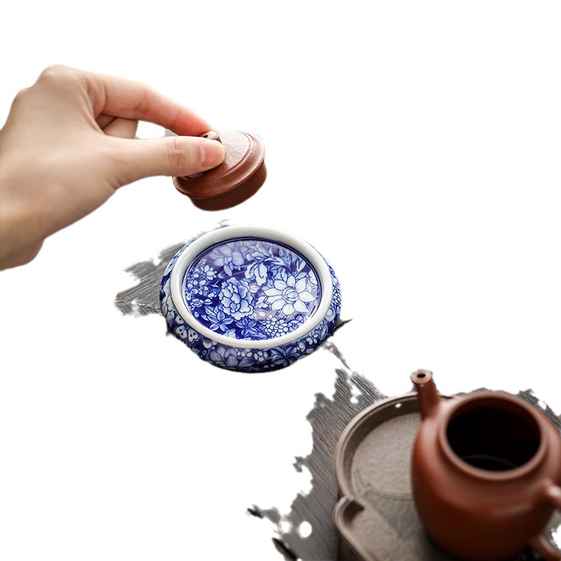 Bộ ấm trà sứ trắng xanh có nắp hoa, giá đỡ bình gốm cổ, giá đỡ nắp tròn, đế lót ly trà, bộ ấm trà, phụ kiện trà đạo