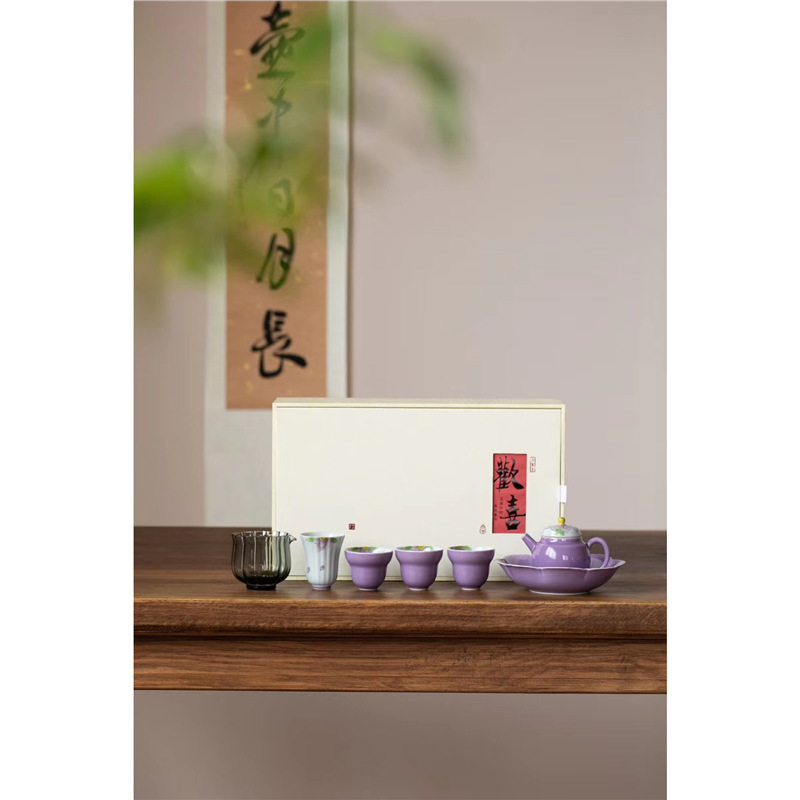 Bộ ấm trà chữ nhỏ màu tím vẽ tay Bộ ấm trà Kung Fu ấm trà gốm sứ nhẹ sang trọng trọn bộ văn phòng nữ cao cấp