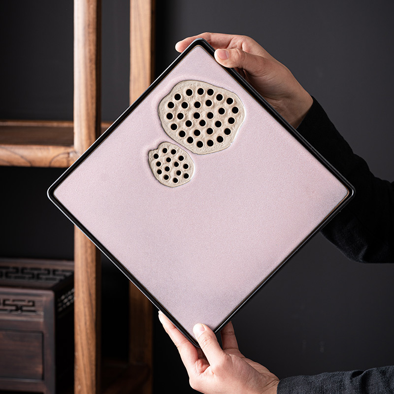 Khay trà gốm sứ lò nung, khay thoát nước phòng khách gia dụng, Bộ trà Kung Fu loại nhỏ kiểu giữ nước hình vuông, Khay bàn trà pha khô