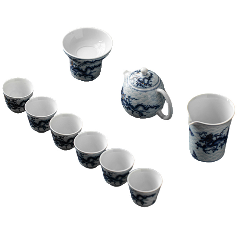 Bộ ấm trà gốm sứ hoa văn rồng sai vàng bạc bộ ấm trà cốc trà có nắp Kung Fu cao cấp kiểu Trung Quốc văn phòng quà tặng