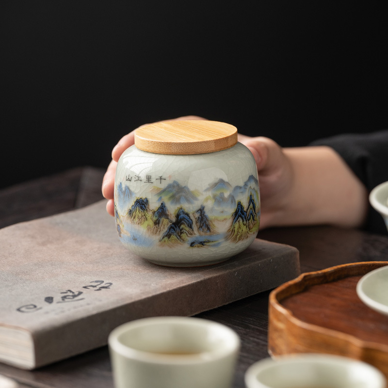 Hộp đựng trà thư pháp, hộp đựng trà mini bằng gốm, hộp kín nhỏ, trà xanh đỏ Pu'er, Hộp bao bì rỗng, tiện dụng
