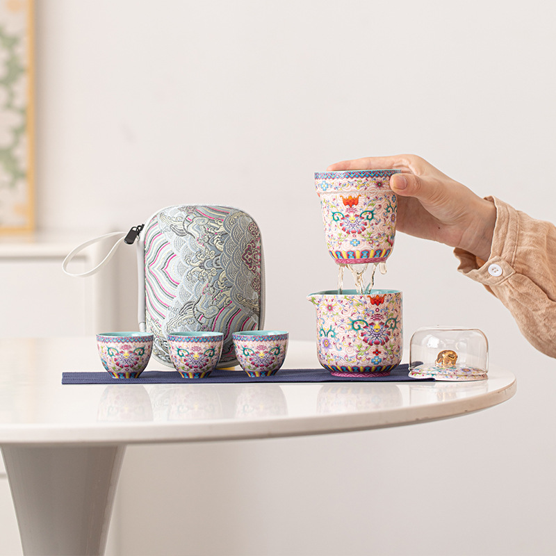 Bộ trà du lịch tráng men phong cách Trung Quốc Bộ trà một ấm ba cốc Bộ quà tặng Bộ pha trà tiện dụng cắm trại