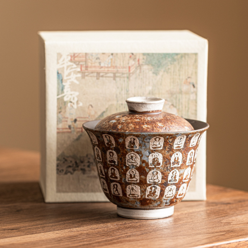 Bát trà có nắp dòng Vạn Phật mạ bạc cốc trà dụng cụ pha trà Kung Fu kiểu Trung Quốc gia dụng Bát trà đơn cao cấp có nắp