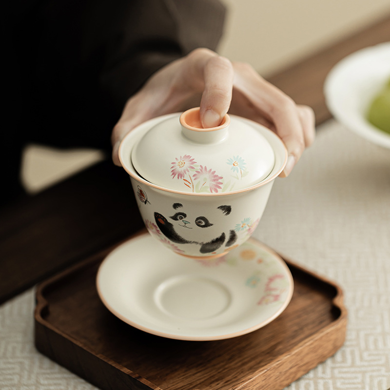 Màu vàng gạo Dingyao gấu trúc chơi bướm bát có nắp Chuyuan gốm sứ chống bỏng lớn bát trà tam tài cốc trà dụng cụ trà Kung Fu gia dụng