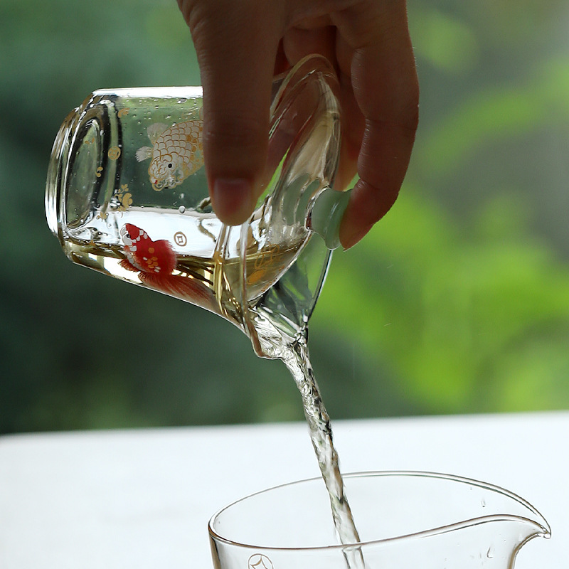 Bộ ấm chén trà Kung Fu bằng thủy tinh borosilicat cao cấp, họa tiết cá thủ công, tô trà xanh.