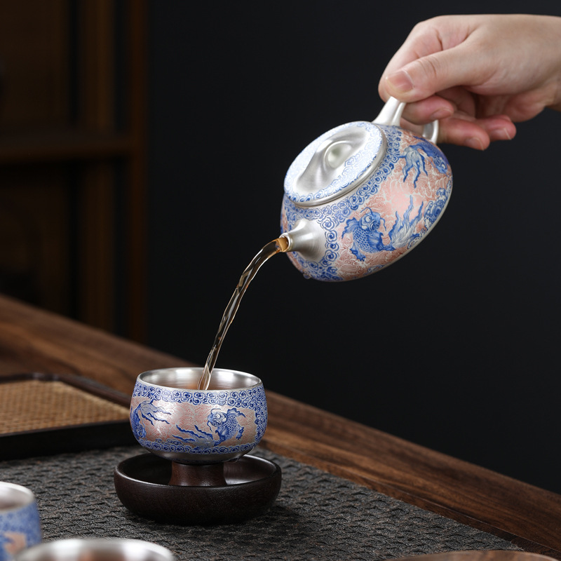 Ấm trà mạ bạc cao cấp, cốc khách nhanh, một ấm bốn cốc, bộ trà du lịch Trung Quốc sang trọng nhẹ, hộp quà trà quay bằng gốm sứ