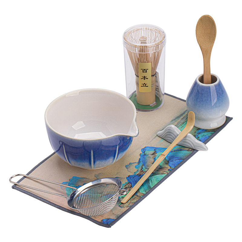 Bộ trà Matcha hoa văn dọc Bộ lớn Bình trà Bát Matcha đứng Muỗng lọc thìa trà Bộ trà Matcha Phụ kiện gốm sứ