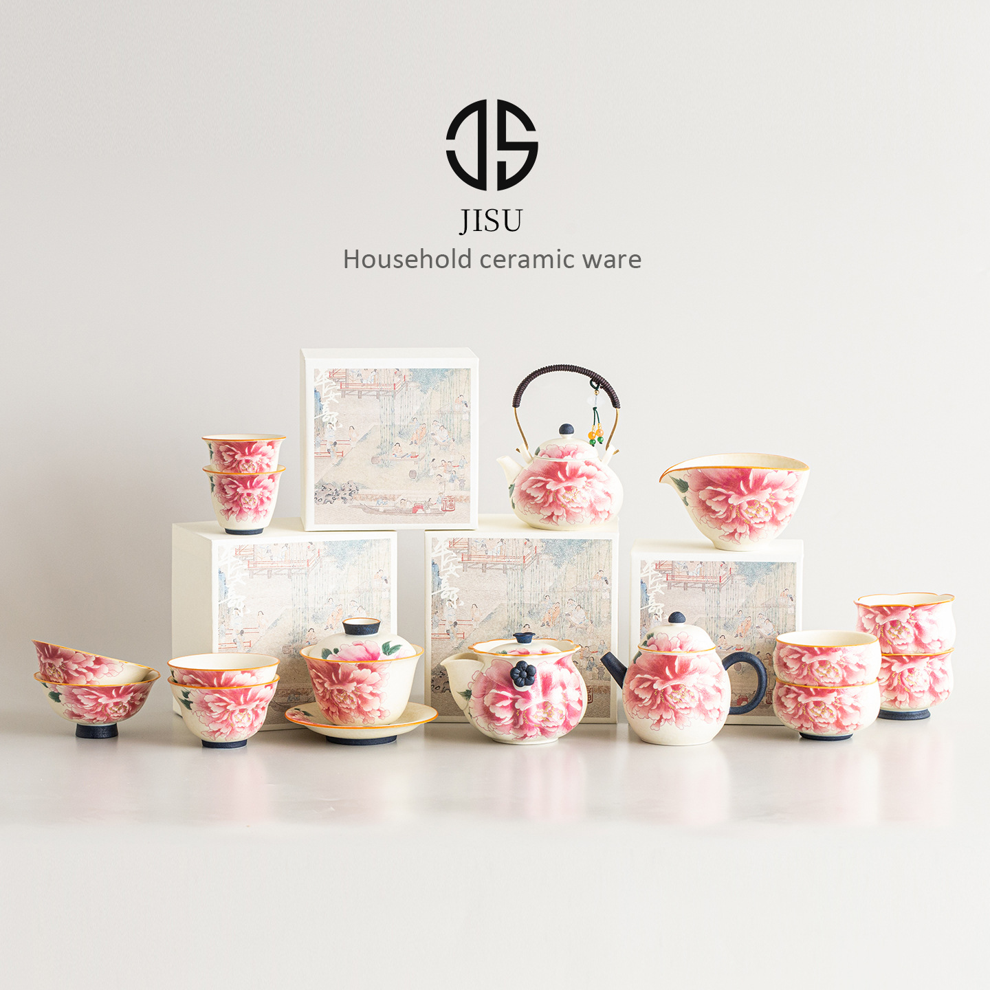 Bộ trà trắng mỏ đá, cốc trà gốm hoa mẫu đơn khắc vàng, bát có nắp, phụ kiện trà đạo chuyên dùng để pha trà gia dụng cao cấp