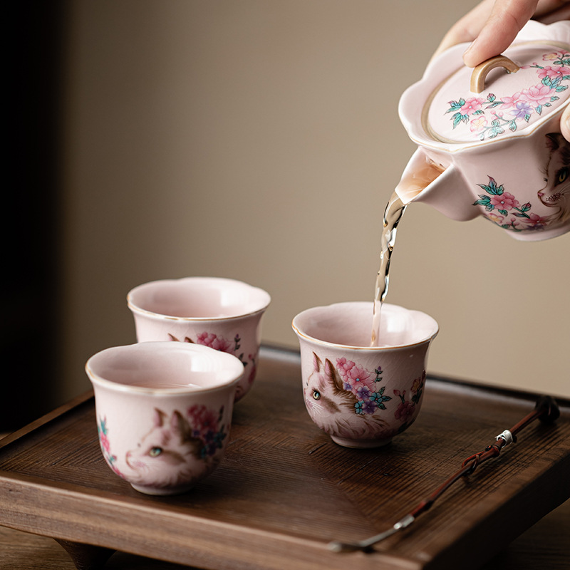 Cốc trà gốm sứ mèo hồng, cốc phú quý, cốc trứng, cốc miệng hoa, bộ trà có thể nuôi, cốc trà đơn, hộp quà