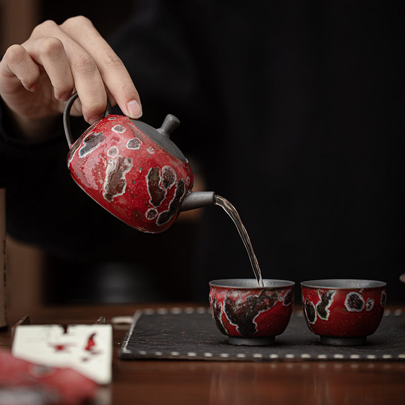 Một ấm hai cốc men đỏ Nezha, bộ ấm trà gốm sứ, bộ nhỏ, bộ trà văn phòng gia đình cổ điển, hộp quà