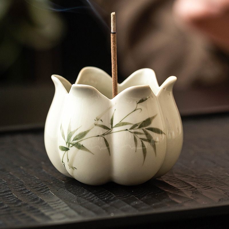Vẽ tay màu xanh ngọc lục bảo măng tây nở hương lư hương ghế cắm hương hương dây hương hương vị đồ trang trí nhỏ phụ kiện trà đạo gốm sứ